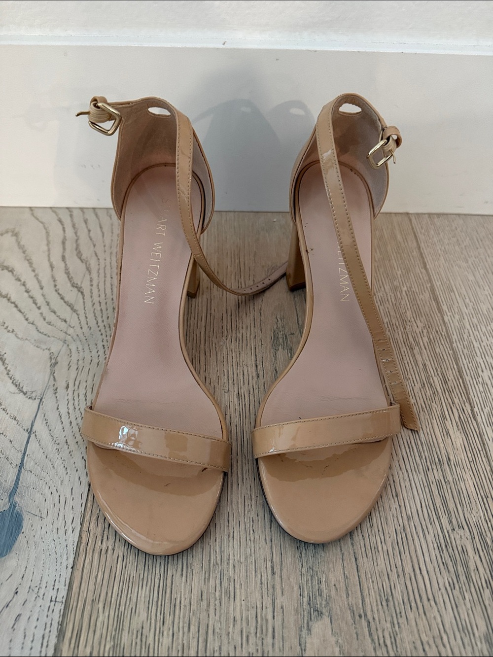 Stuart Weitzman Patent Leather Ankle-Strap Sandals in Nude Tan